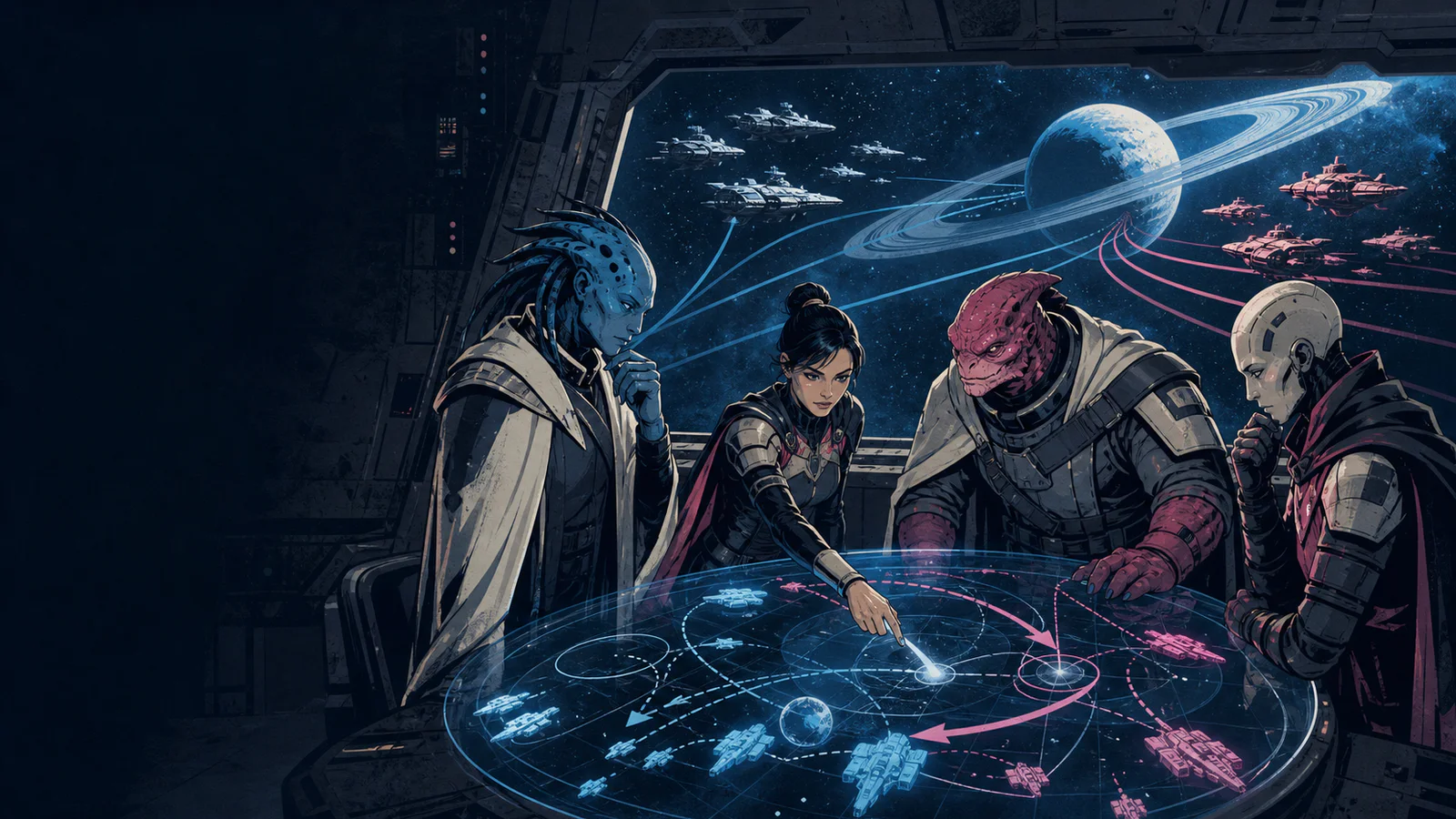 Four original alien and human tacticians plot converging fleet routes around a ringed planet.