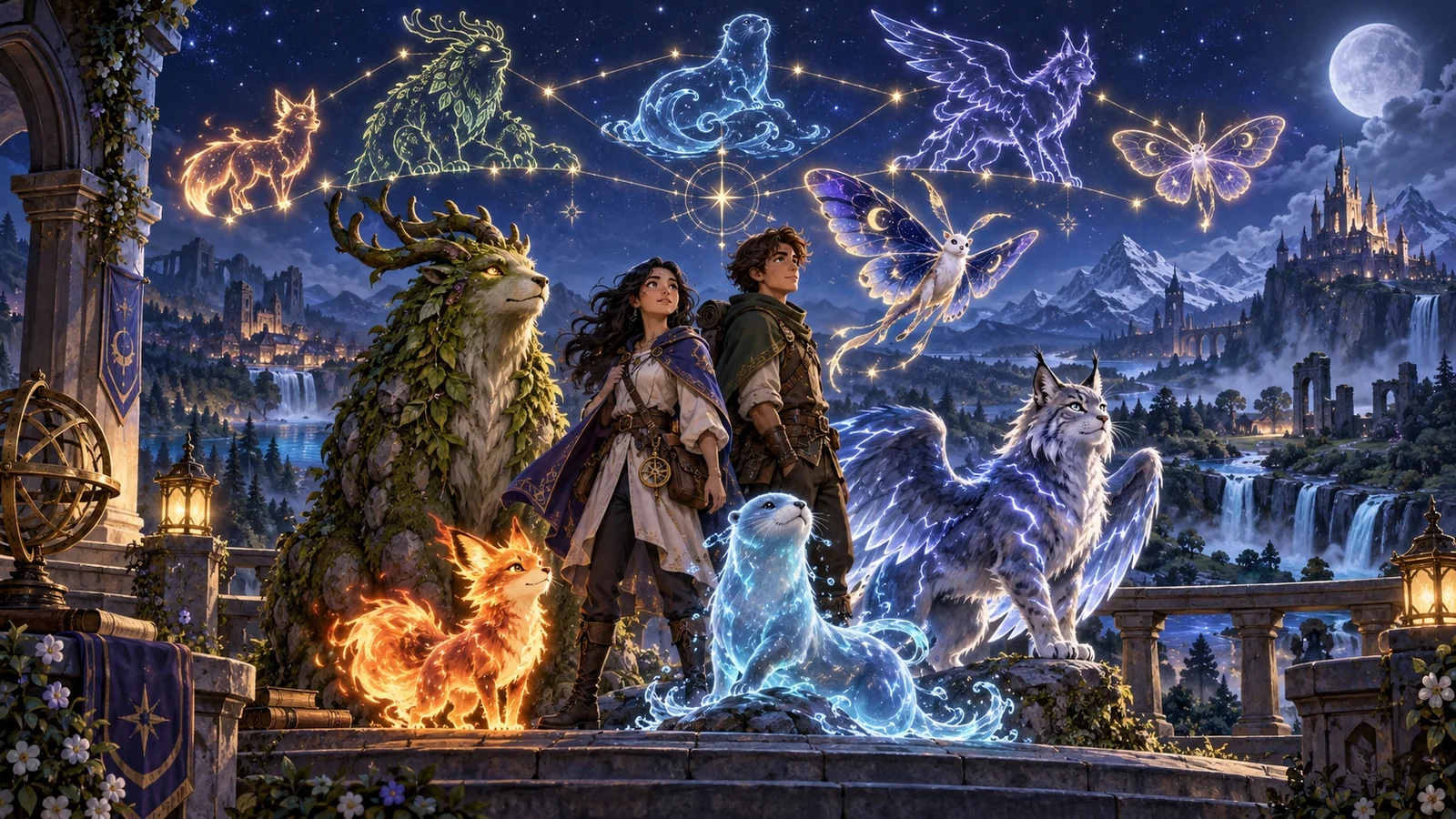 Two fantasy keepers stand with five original elemental companion creatures beneath linked constellations.