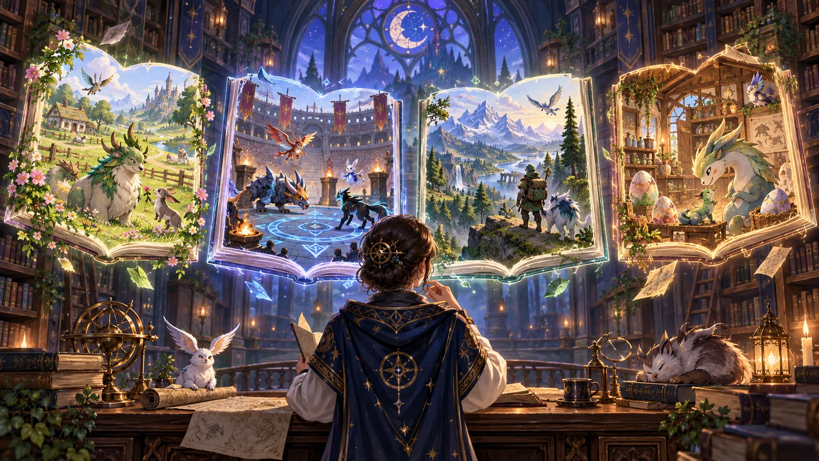 A fantasy curator compares four different original monster-collector worlds in enchanted books.