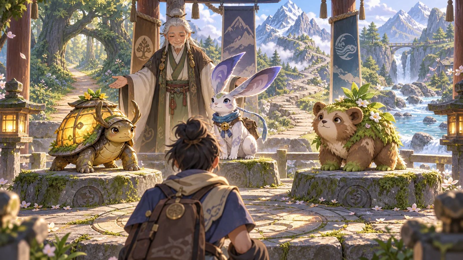 A new keeper chooses among three original fantasy starter companions at a village shrine.
