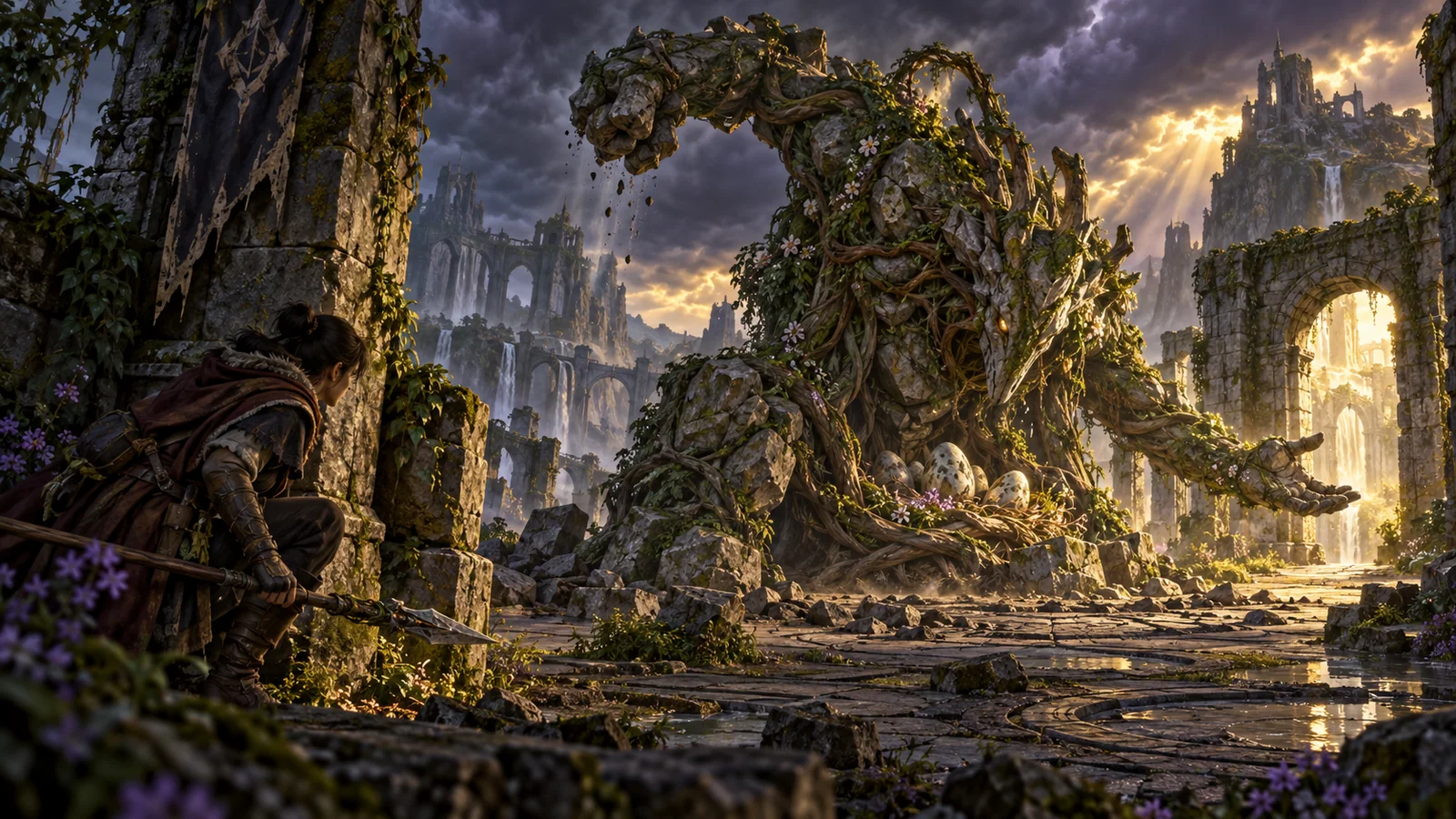 An original stone-and-vine guardian visibly protects its nest while a keeper reads its intent.